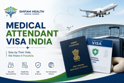 Medical Attendant Visa India featured image showing passport, visa documents, airport travel, and companion support for international patients traveling to India.