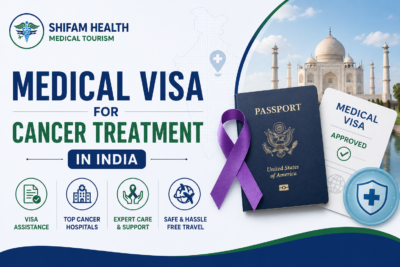 Medical visa for cancer treatment in India featured image showing a medical visa, passport, cancer awareness ribbon, and travel assistance for international patients.