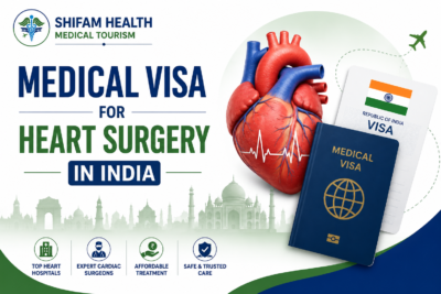 Medical visa for heart surgery in India featured image showing a heart model, medical visa passport, India visa, and travel assistance for international cardiac patients.