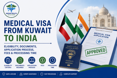 Medical visa from Kuwait to India featured image showing Kuwait and India flags, Kuwaiti passport, approved medical visa application, and healthcare travel process.