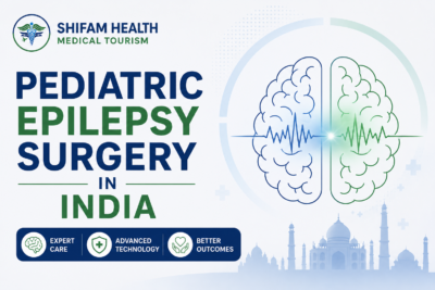 Pediatric epilepsy surgery in India featured image showing a brain illustration with EEG wave, advanced pediatric neurosurgery, and expert neurological care.
