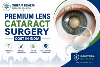 Premium lens cataract surgery cost in India featured image showing an eye, premium intraocular lens (IOL), advanced cataract surgery, and expert ophthalmology care.