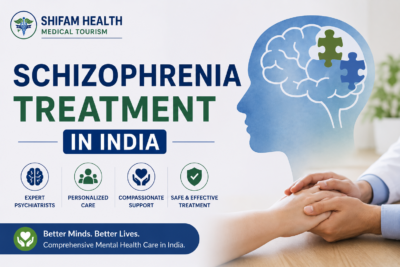 Schizophrenia treatment in India featured image showing a brain illustration, compassionate mental healthcare, expert psychiatrists, and personalized treatment for international patients.