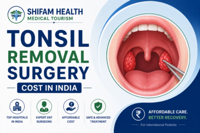 Tonsil removal surgery cost in India featured image showing throat anatomy, tonsil surgery, expert ENT surgeons, and advanced minimally invasive treatment.