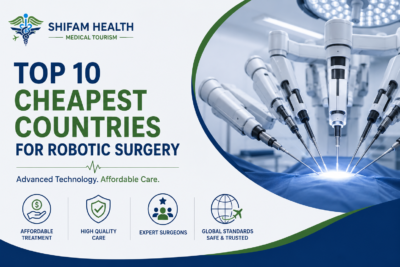 Top 10 cheapest countries for robotic surgery featured image showing advanced robotic surgical technology, affordable treatment options, and global medical tourism.