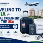 Traveling to India for medical treatment from the USA featured image showing a passport, medical visa, travel checklist, hospital, airplane, and Indian landmarks for international patients.