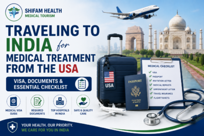 Traveling to India for medical treatment from the USA featured image showing a passport, medical visa, travel checklist, hospital, airplane, and Indian landmarks for international patients.
