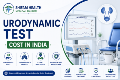 Urodynamic test cost in India featured image showing urodynamic testing equipment, urinary system, expert urologists, and advanced diagnostic care.