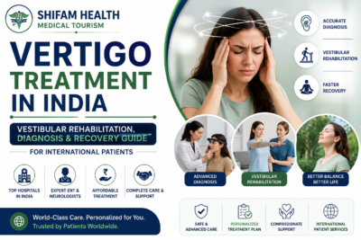 Vertigo treatment in India featured image showing vestibular rehabilitation, balance assessment, expert ENT and neurology care, and advanced diagnosis for international patients.