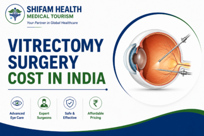 Vitrectomy surgery cost in India featured image showing an eye illustration, advanced retinal surgery, expert ophthalmologists, and affordable eye care.