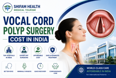 Vocal cord polyp surgery cost in India featured image showing vocal cord anatomy, expert ENT surgeons, minimally invasive treatment, and advanced voice care.