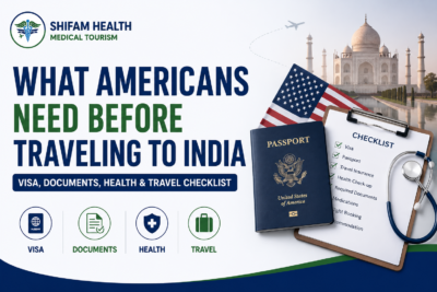 What Americans need before traveling to India featured image showing a U.S. passport, travel checklist, medical documents, and India travel for medical treatment.