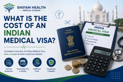 What is the cost of an Indian Medical Visa featured image showing passport, medical visa application, travel documents, and visa fee information for international patients.
