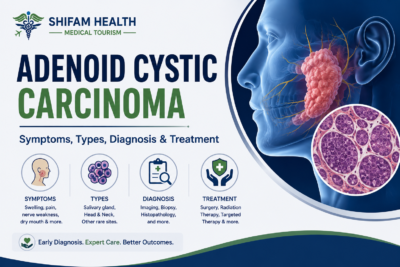 Adenoid cystic carcinoma infographic showing symptoms, types, diagnosis, and treatment options.