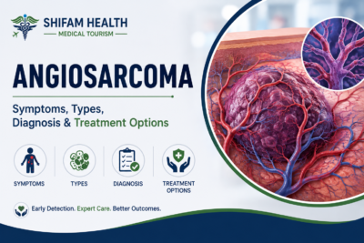 Angiosarcoma infographic showing symptoms, types, diagnosis, and treatment options.