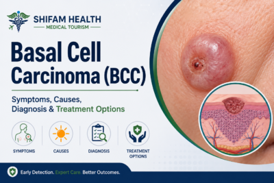 Basal cell carcinoma (BCC) infographic showing symptoms, causes, diagnosis, and treatment options.