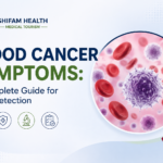 Featured image for "Blood Cancer Symptoms: A Complete Guide for Early Detection" showing blood cells, a white blood cell illustration, a blood cancer awareness ribbon, and Shifam Health branding.