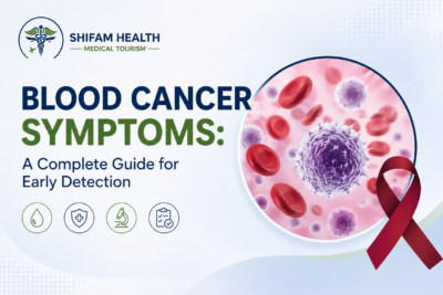 Featured image for "Blood Cancer Symptoms: A Complete Guide for Early Detection" showing blood cells, a white blood cell illustration, a blood cancer awareness ribbon, and Shifam Health branding.