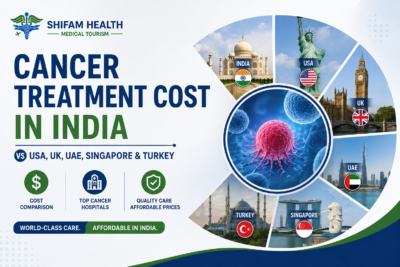 Cancer treatment cost in India vs USA, UK, UAE, Singapore and Turkey with global comparison and cancer cell illustration.