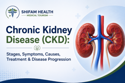 Featured image for Chronic Kidney Disease (CKD) showing a detailed kidney illustration with the title “Chronic Kidney Disease (CKD): Stages, Symptoms, Causes, Treatment & Disease Progression” and Shifam Health branding.
