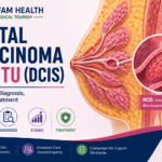 Ductal carcinoma in situ (DCIS) infographic showing symptoms, diagnosis, stages, and treatment.