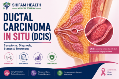 Ductal carcinoma in situ (DCIS) infographic showing symptoms, diagnosis, stages, and treatment.