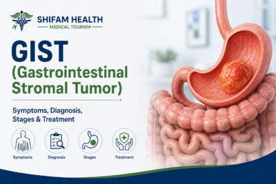 GIST (Gastrointestinal Stromal Tumor) infographic showing symptoms, diagnosis, stages, and treatment.