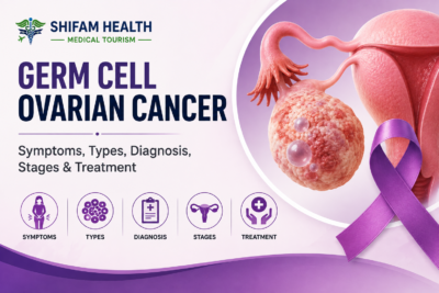 Germ cell ovarian cancer infographic showing symptoms, types, diagnosis, stages, and treatment.