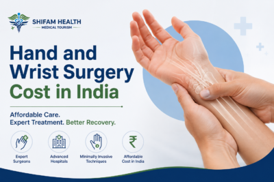 Hand and wrist surgery cost in India with illustration of wrist anatomy and medical treatment.
