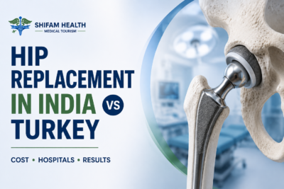 Hip replacement in India vs Turkey with implant illustration and comparison of cost, hospitals, and results.