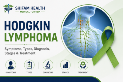 Hodgkin lymphoma infographic showing symptoms, types, diagnosis, stages, and treatment.