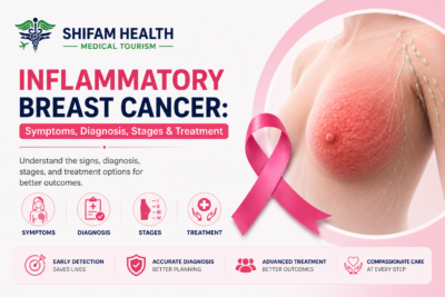 Inflammatory breast cancer illustration showing symptoms, diagnosis, stages, and treatment options.