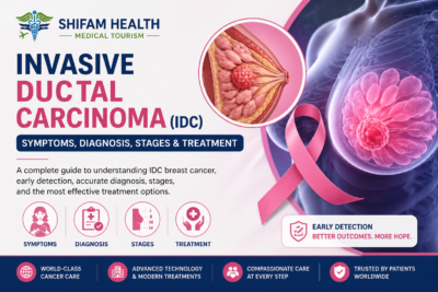 Invasive ductal carcinoma (IDC) breast cancer illustration showing symptoms, diagnosis, stages, and treatment.