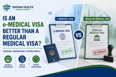 Comparison of e-medical visa and regular medical visa showing online vs in-person application process.