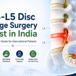 Illustration showing L4-L5 disc bulge surgery cost in India with a detailed lumbar spine diagram highlighting a herniated L4-L5 disc, alongside information for international patients about affordable treatment and world-class hospitals.