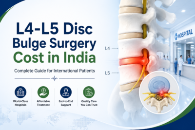 Illustration showing L4-L5 disc bulge surgery cost in India with a detailed lumbar spine diagram highlighting a herniated L4-L5 disc, alongside information for international patients about affordable treatment and world-class hospitals.