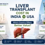 Featured image comparing liver transplant cost in India vs USA, showing a liver illustration in the center, India (Taj Mahal) on one side and USA (Statue of Liberty) on the other, with cost differences highlighted.
