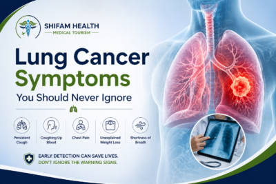 Featured image illustrating lung cancer symptoms with an anatomical lung graphic highlighting a tumor, warning signs such as persistent cough, chest pain, coughing up blood, unexplained weight loss, and shortness of breath, alongside Shifam Health branding.
