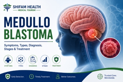 Medulloblastoma infographic showing symptoms, types, diagnosis, stages, and treatment.