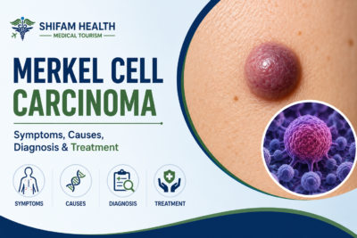 Merkel cell carcinoma infographic showing symptoms, causes, diagnosis, and treatment.