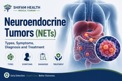 Neuroendocrine tumors (NETs) infographic showing types, symptoms, diagnosis, and treatment.