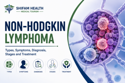 Non-Hodgkin lymphoma infographic showing types, symptoms, diagnosis, stages, and treatment.