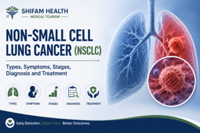 Non-small cell lung cancer (NSCLC) infographic showing types, symptoms, stages, diagnosis, and treatment.