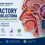 Olfactory neuroblastoma (esthesioneuroblastoma) infographic showing symptoms, diagnosis, stages, and treatment.