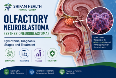 Olfactory neuroblastoma (esthesioneuroblastoma) infographic showing symptoms, diagnosis, stages, and treatment.