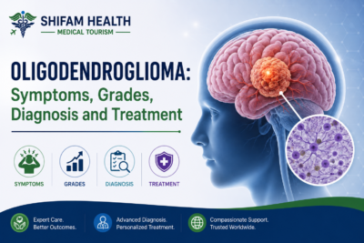 Oligodendroglioma infographic showing symptoms, grades, diagnosis, and treatment.