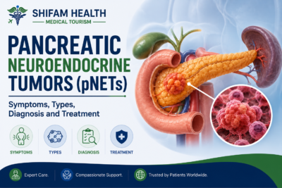 Pancreatic neuroendocrine tumors (pNETs) infographic showing symptoms, types, diagnosis, and treatment.