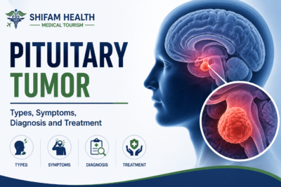 Pituitary tumor infographic showing types, symptoms, diagnosis, and treatment.