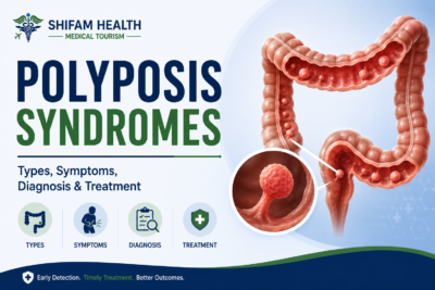 Polyposis syndromes infographic showing types, symptoms, diagnosis, and treatment.