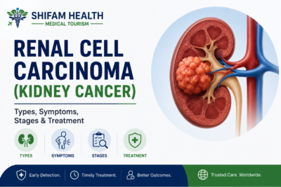 Renal cell carcinoma (kidney cancer) infographic showing types, symptoms, stages, and treatment.